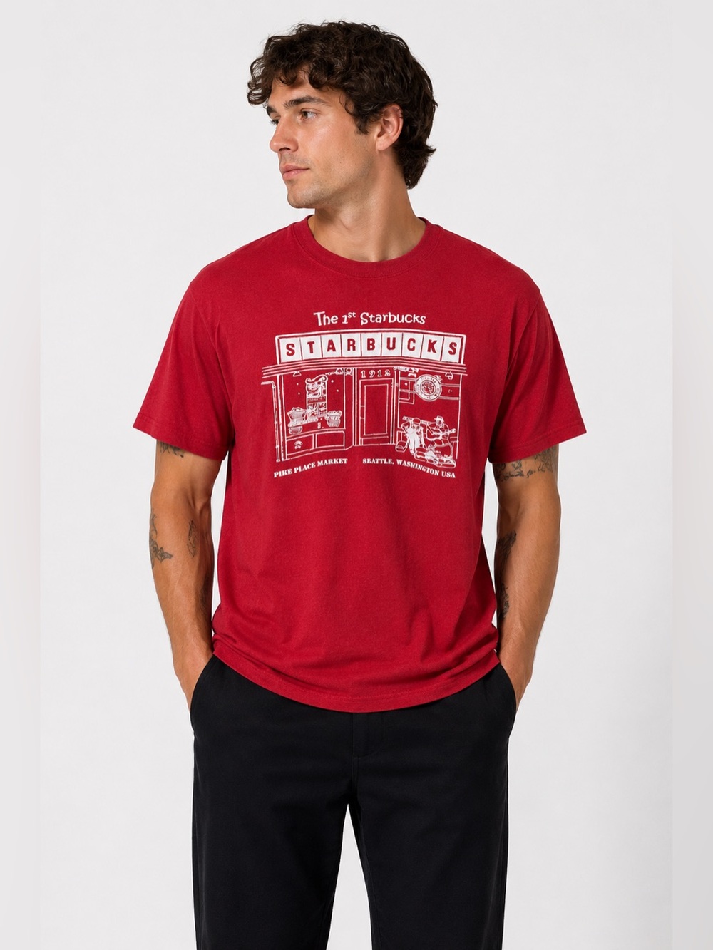 Starbucks Pike Place Market Seattle Graphic Tee Red Tourist Souvenir Shirt Large